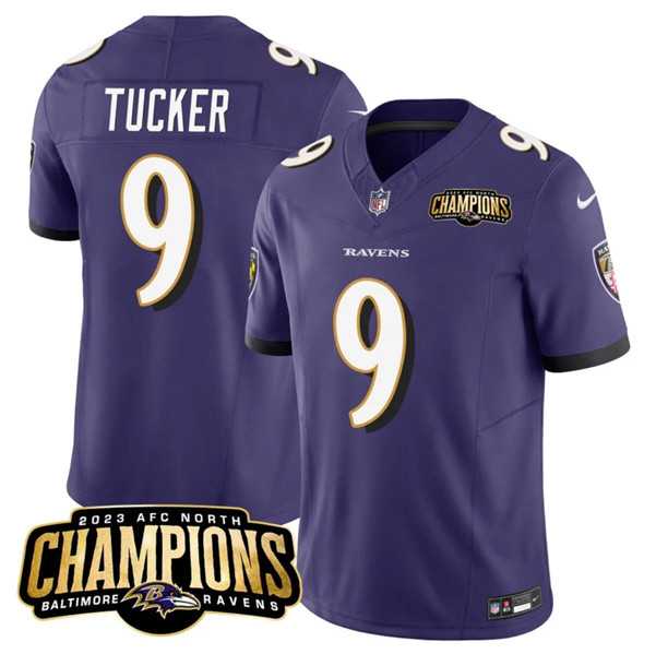 Men & Women & Youth Baltimore Ravens #9 Justin Tucker Purple 2023 F.U.S.E. AFC North Champions Vapor Limited Jersey